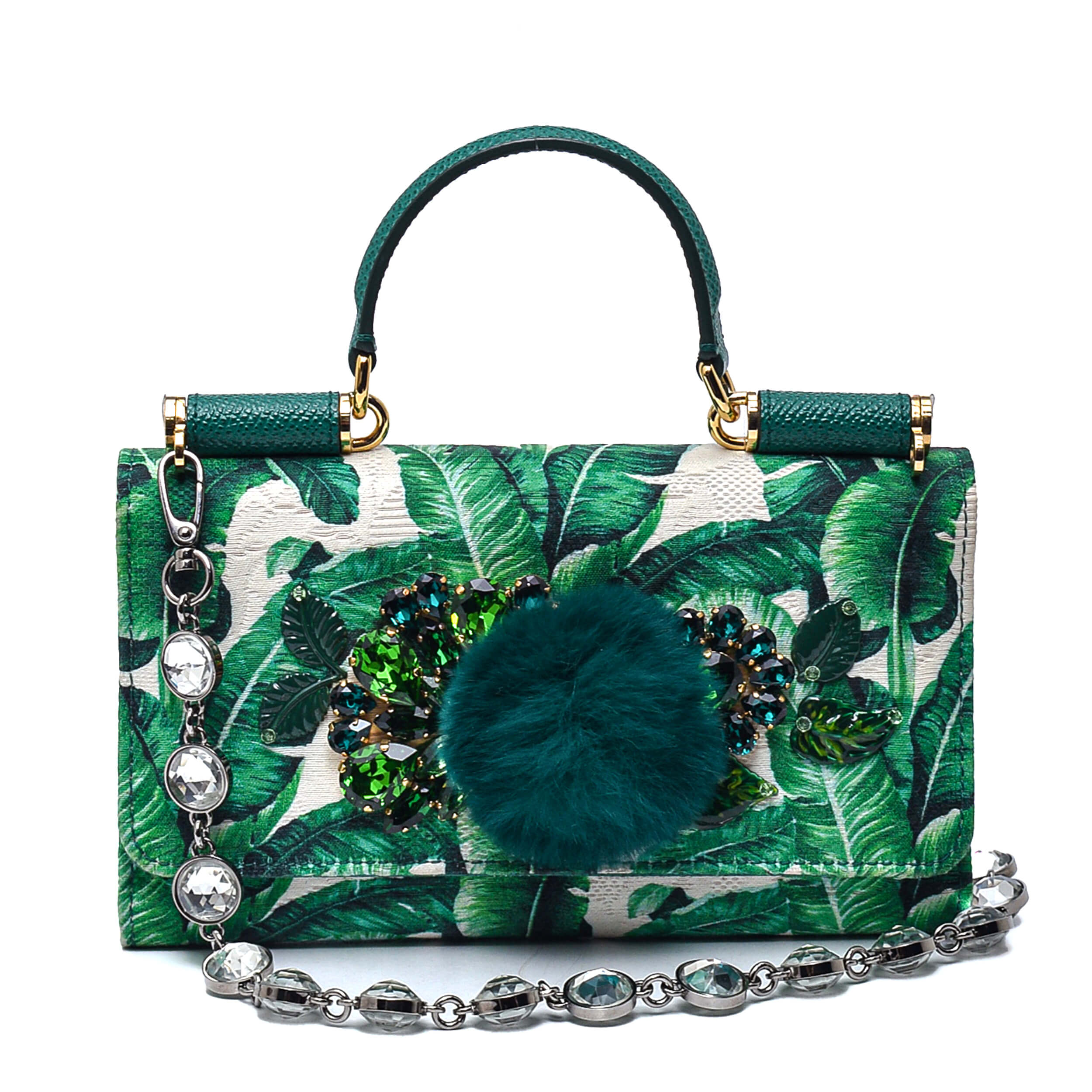 Dolce Gabbana - Green&White Leather Banana Printed Miss Sicily  Wallet 0n Chain Bag